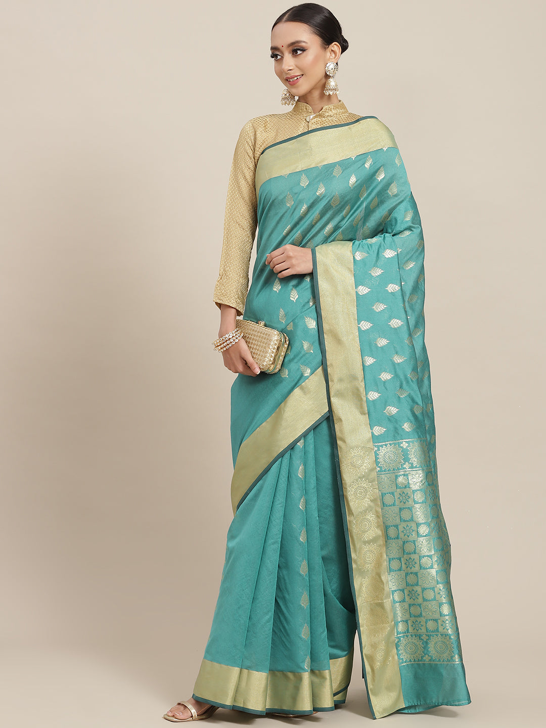 Green Ethnic Motifs HandWoven Organza Silk Saree with Gold Zari Border