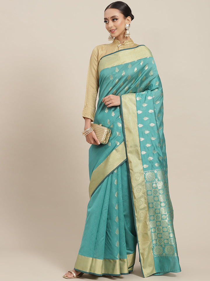 Green Ethnic Motifs HandWoven Organza Silk Saree with Gold Zari Border