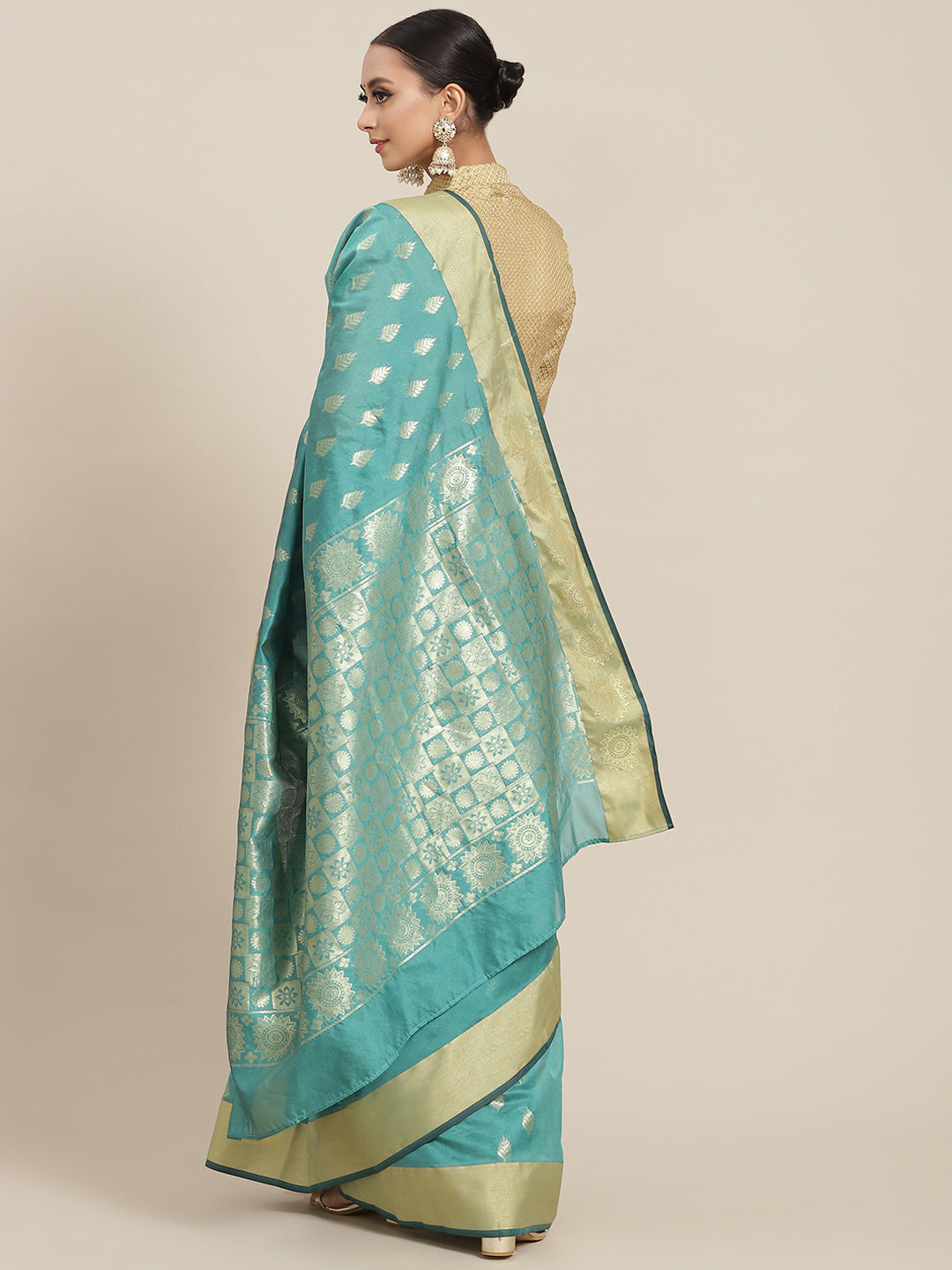 Green Ethnic Motifs HandWoven Organza Silk Saree with Gold Zari Border