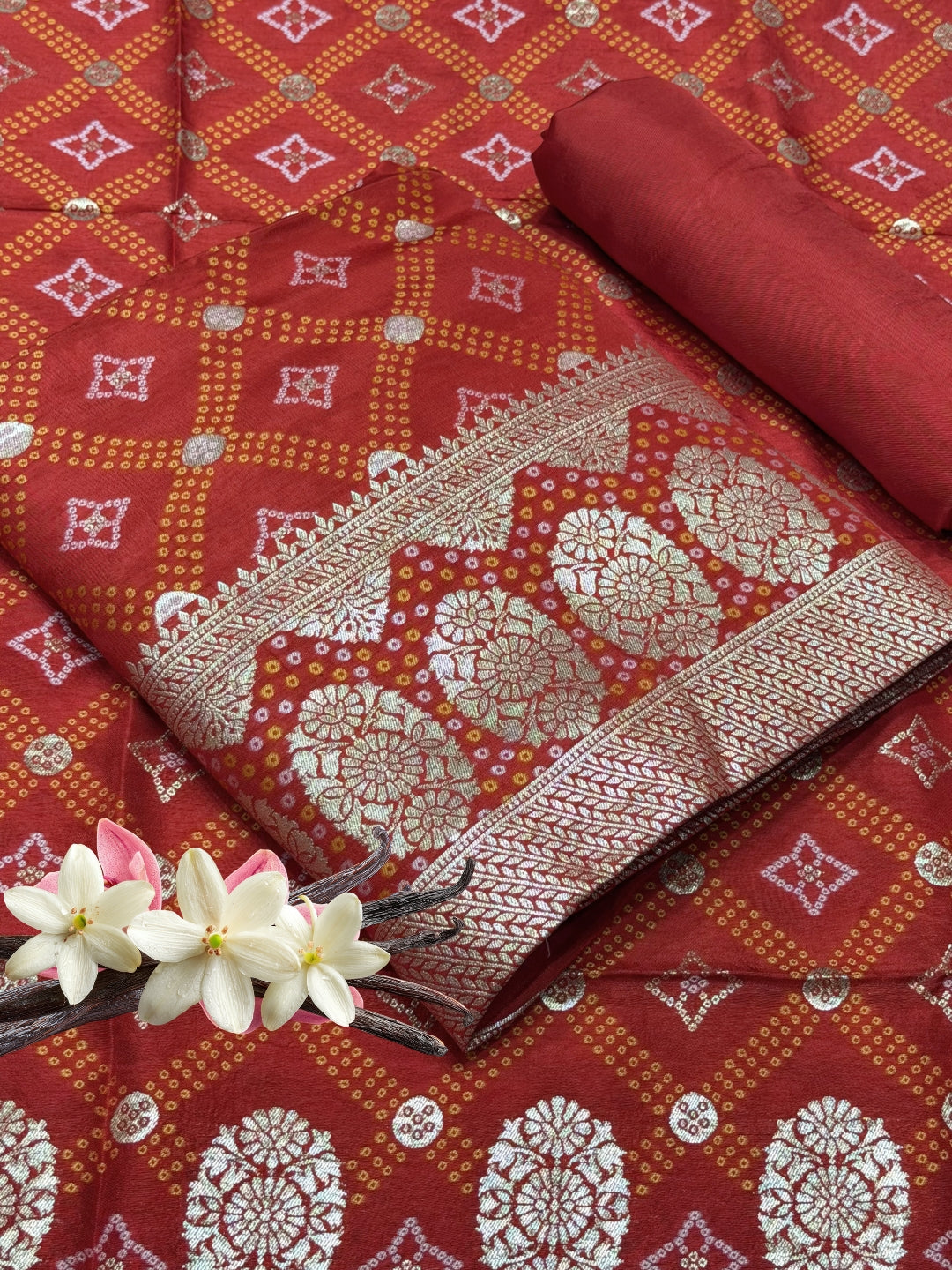 Bandhani Tye-Dye Print Dress Material with Zari Weaviing and Gharchola pattern