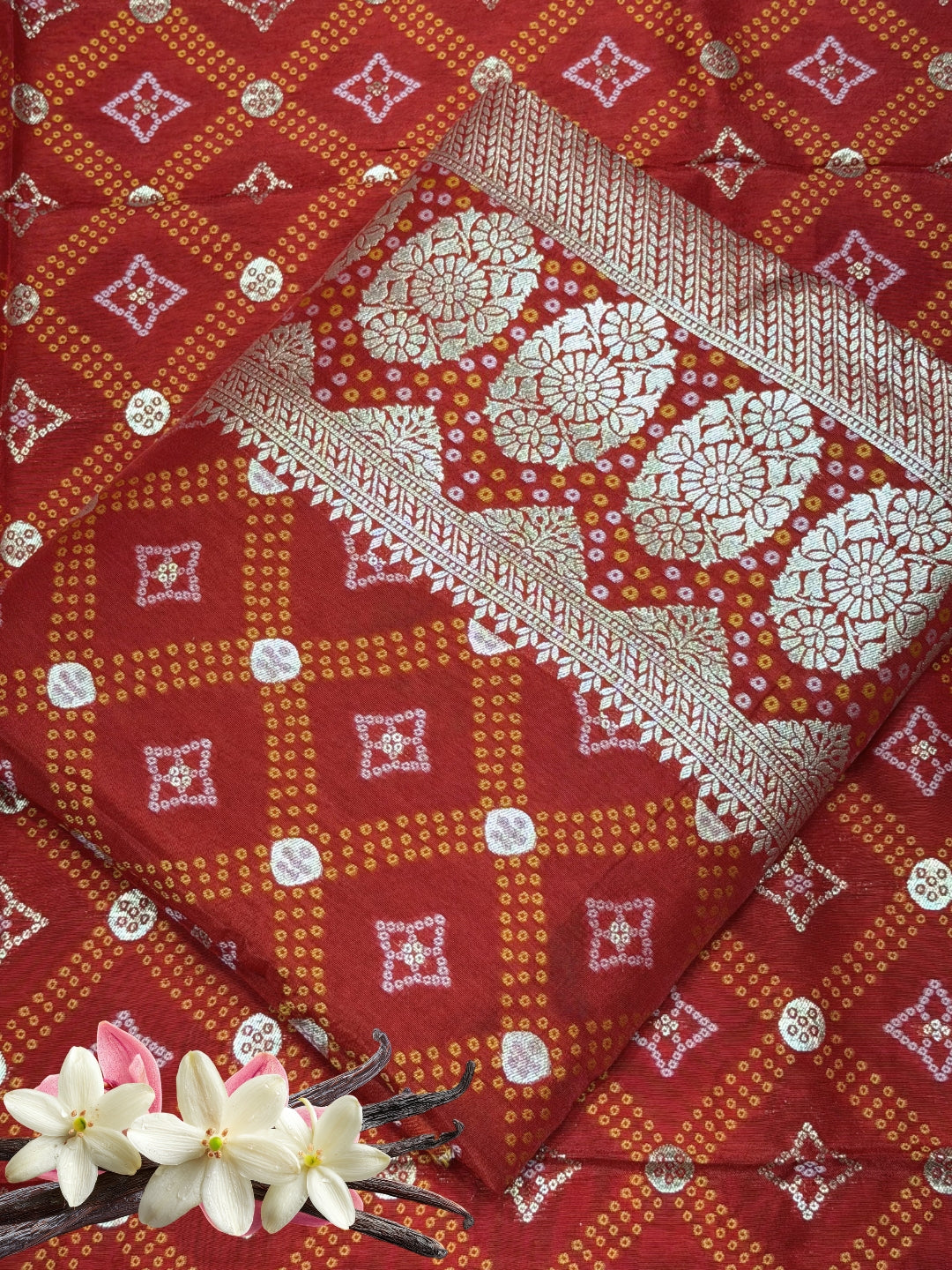 Bandhani Tye-Dye Print Dress Material with Zari Weaviing and Gharchola pattern