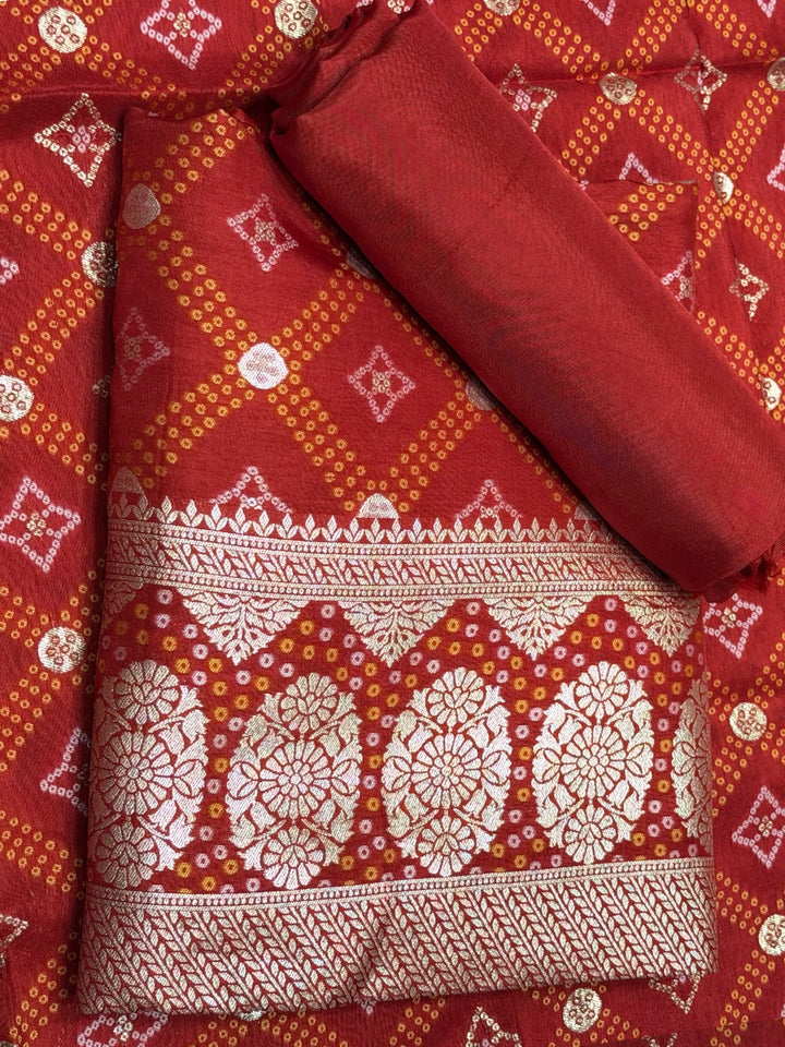 Bandhani Tye-Dye Print Dress Material with Zari Weaviing and Gharchola pattern