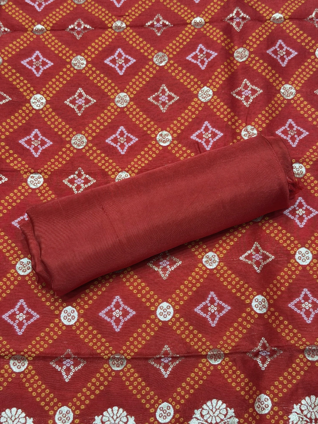 Bandhani Tye-Dye Print Dress Material with Zari Weaviing and Gharchola pattern