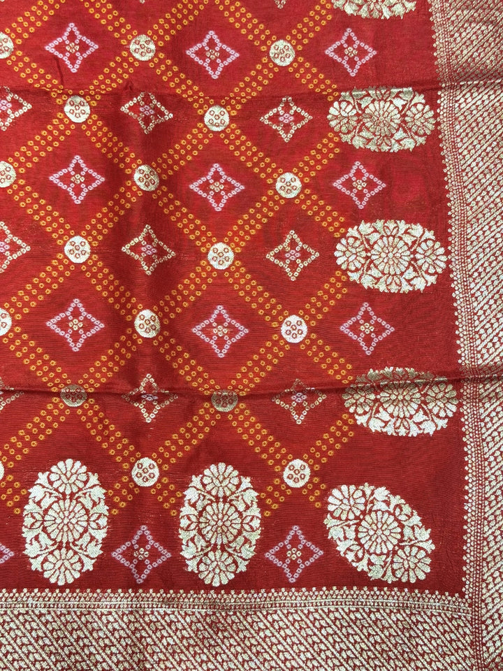Bandhani Tye-Dye Print Dress Material with Zari Weaviing and Gharchola pattern