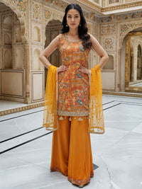 Banarasi Meenakari Kurta Pallazo Set with Statement Tassels & Mirror Embellishments