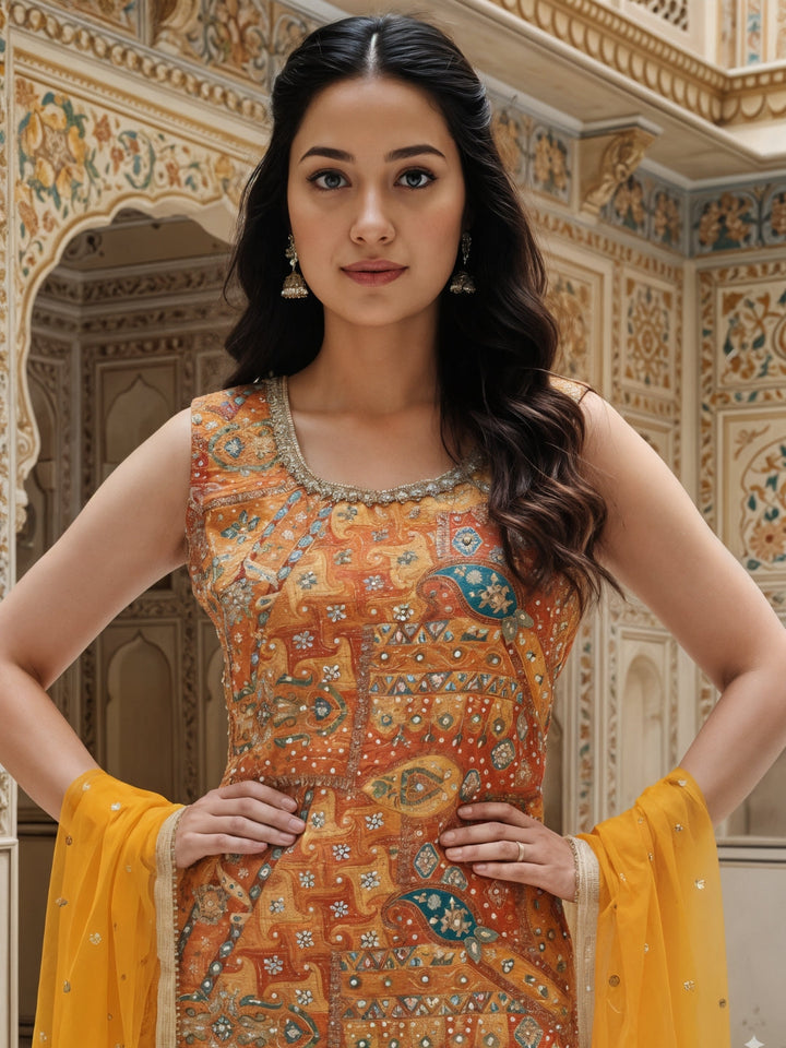 Banarasi Meenakari Kurta Pallazo Set with Statement Tassels & Mirror Embellishments