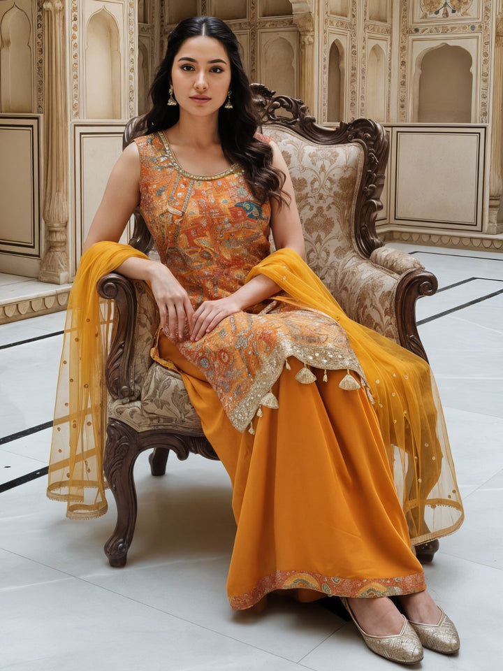 Banarasi Meenakari Kurta Pallazo Set with Statement Tassels & Mirror Embellishments
