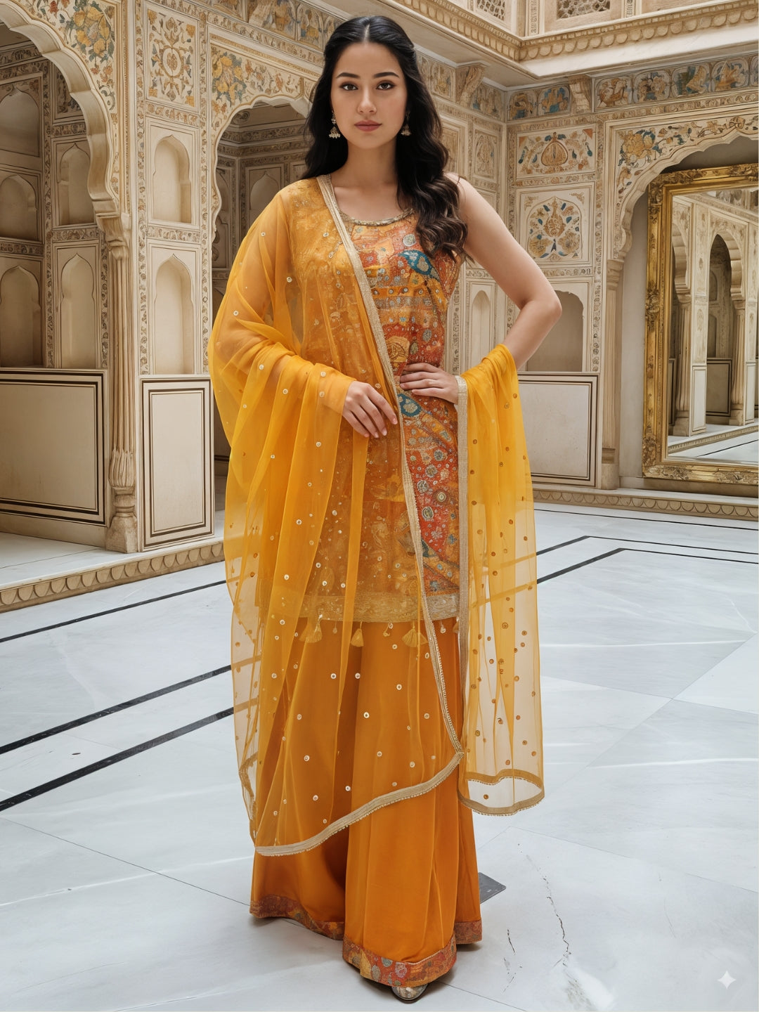 Banarasi Meenakari Kurta Pallazo Set with Statement Tassels & Mirror Embellishments
