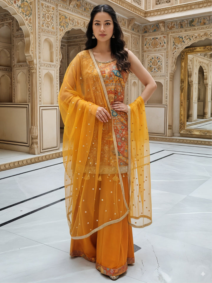 Banarasi Meenakari Kurta Pallazo Set with Statement Tassels & Mirror Embellishments