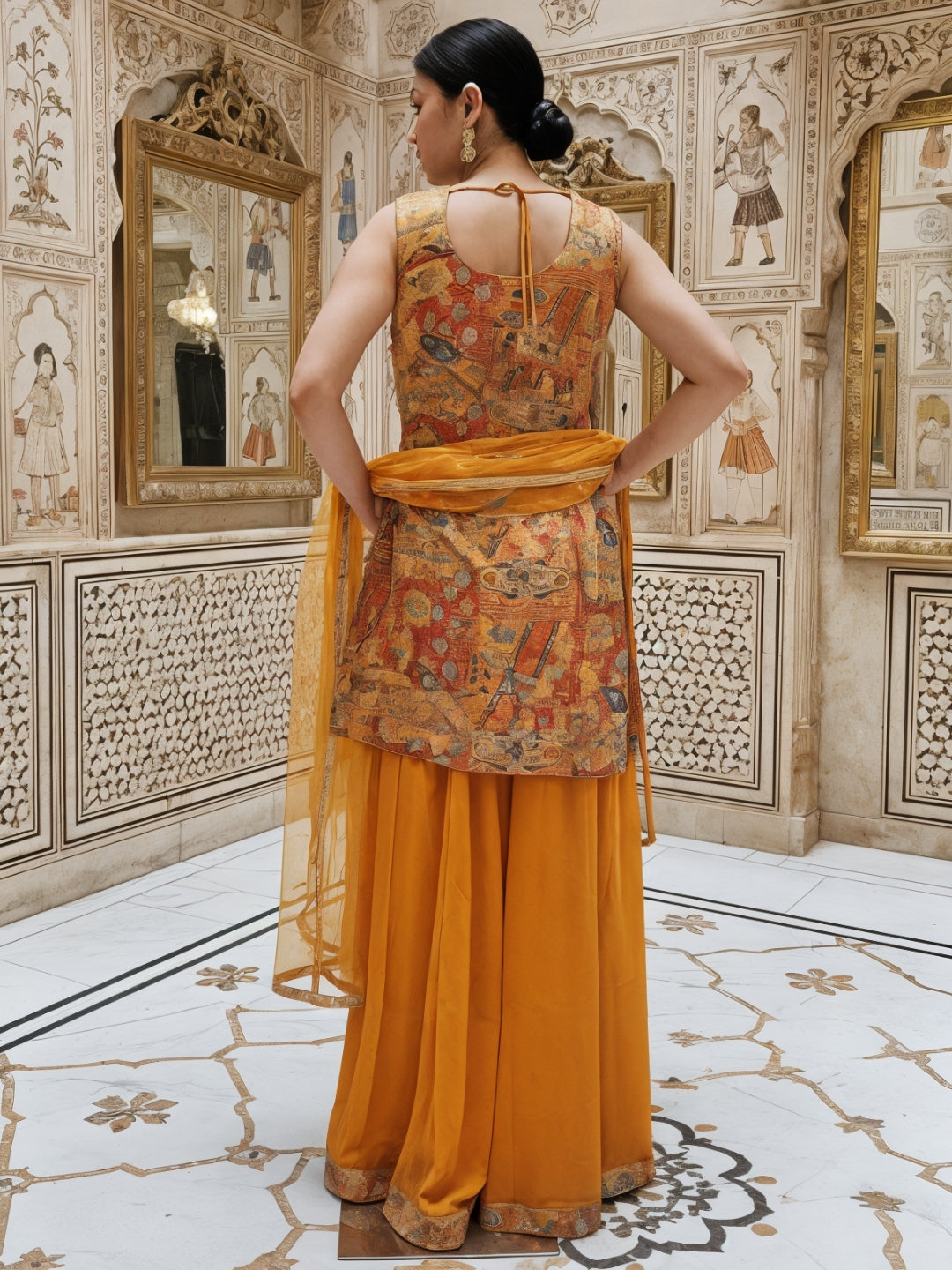 Banarasi Meenakari Kurta Pallazo Set with Statement Tassels & Mirror Embellishments