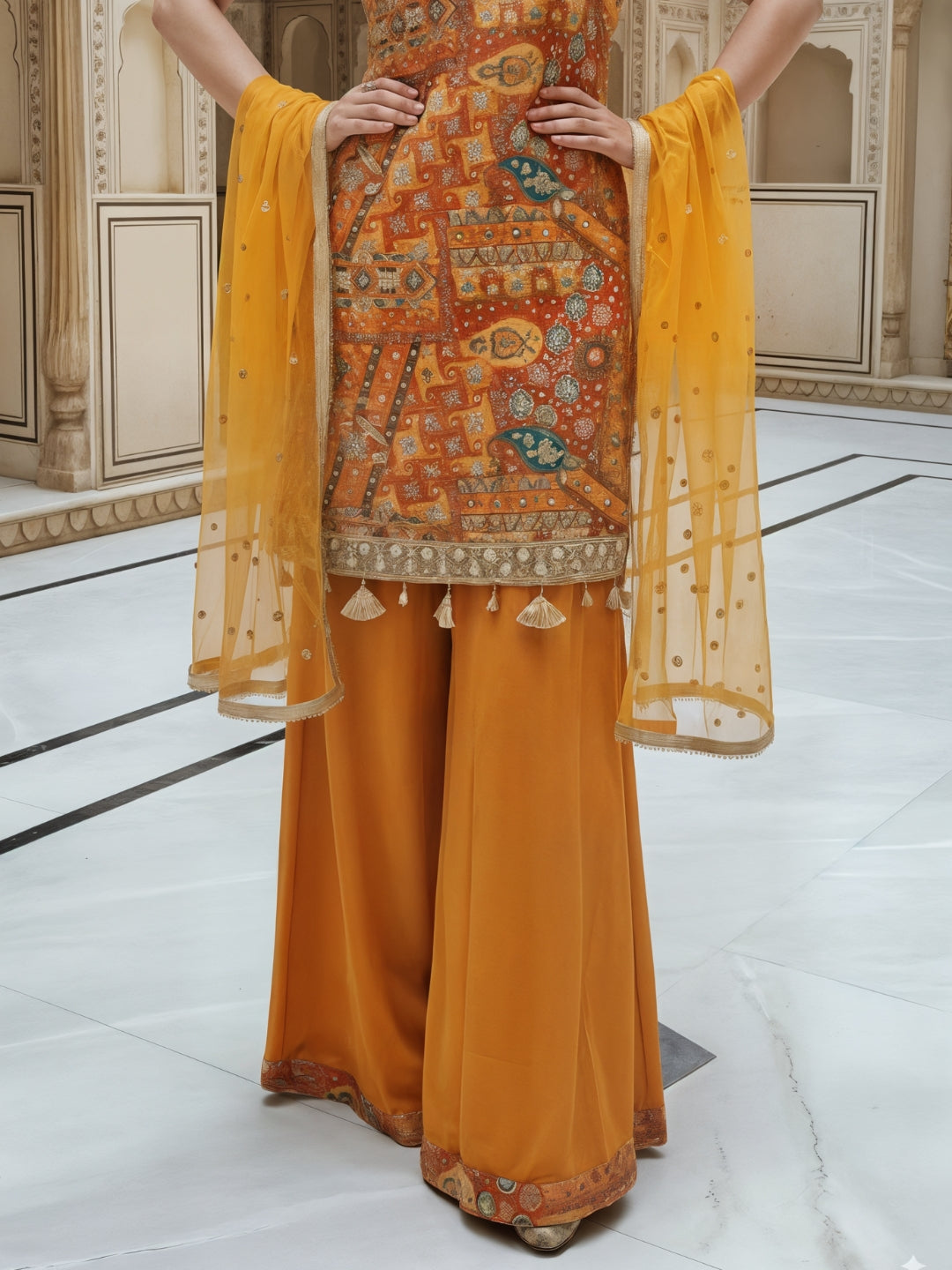 Banarasi Meenakari Kurta Pallazo Set with Statement Tassels & Mirror Embellishments