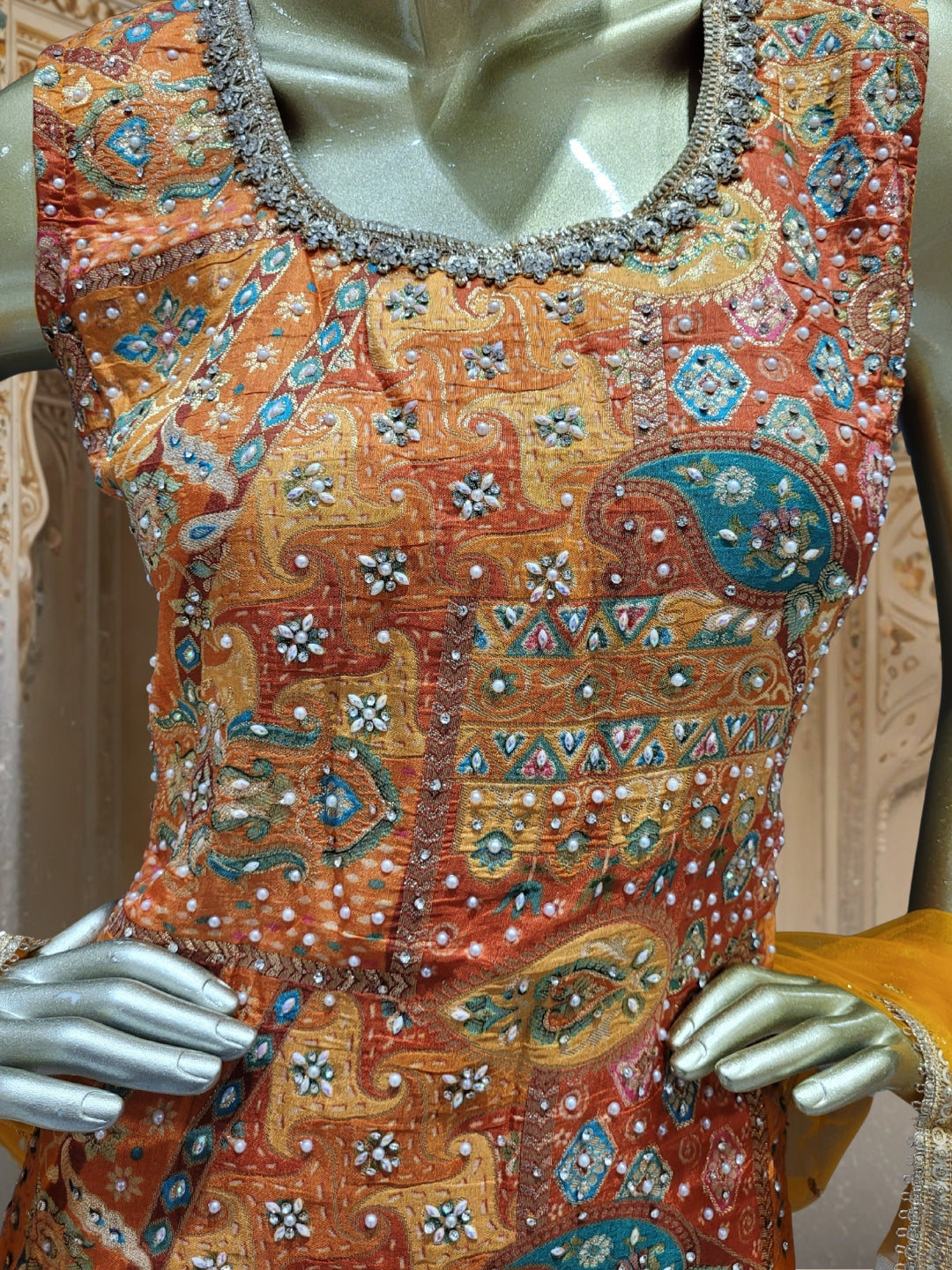 Banarasi Meenakari Kurta Pallazo Set with Statement Tassels & Mirror Embellishments