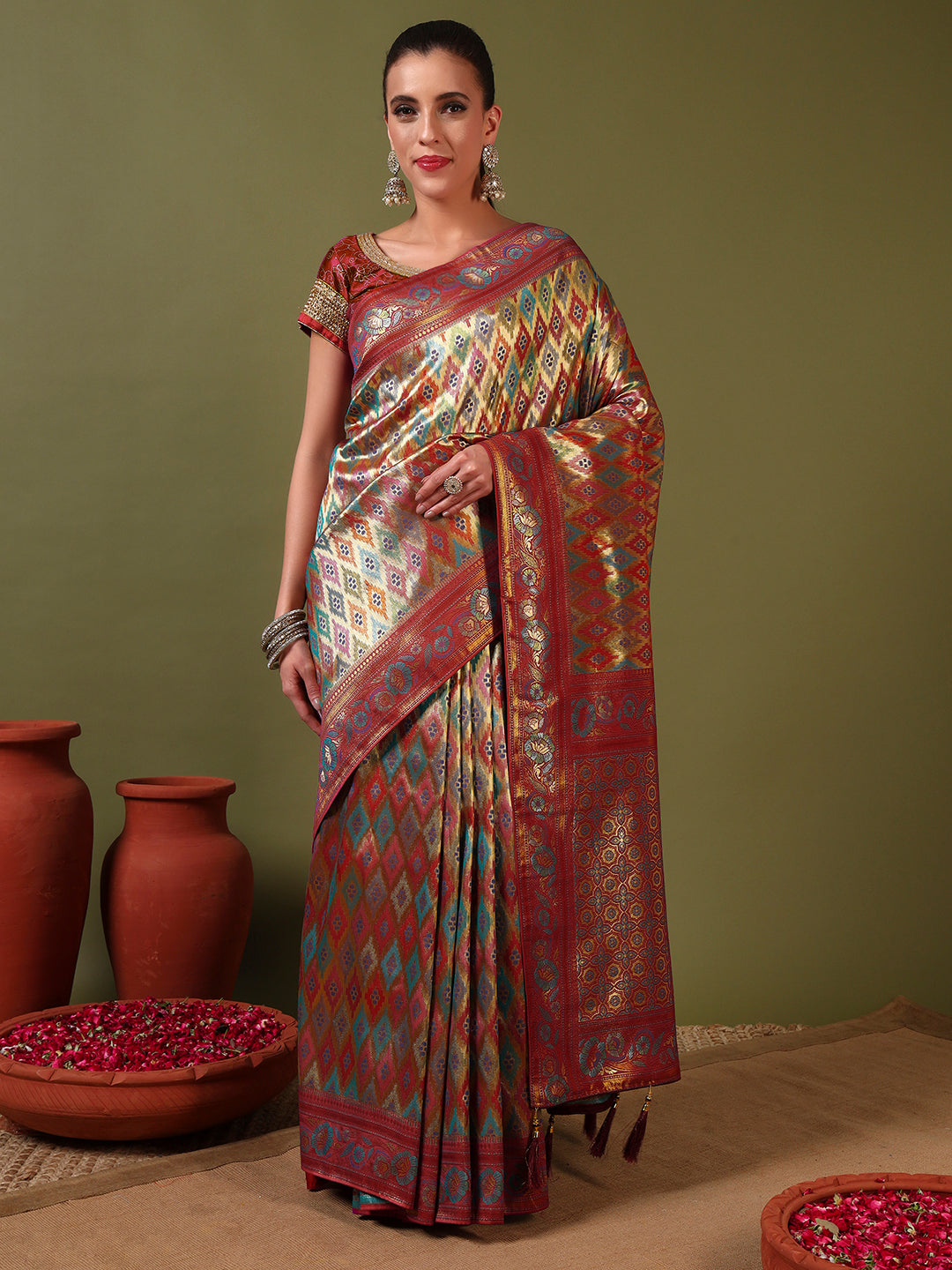 Traditional Brocade Handloom Mysore Silk Saree with Multicolor Meenakari Zari Weaving