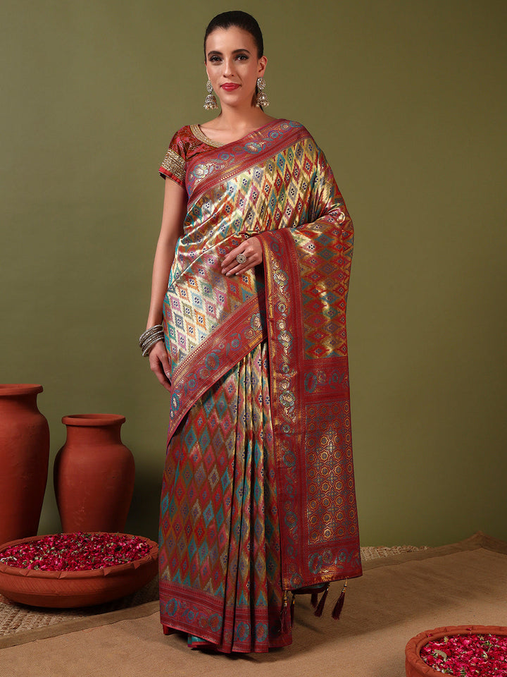 Traditional Brocade Handloom Mysore Silk Saree with Multicolor Meenakari Zari Weaving