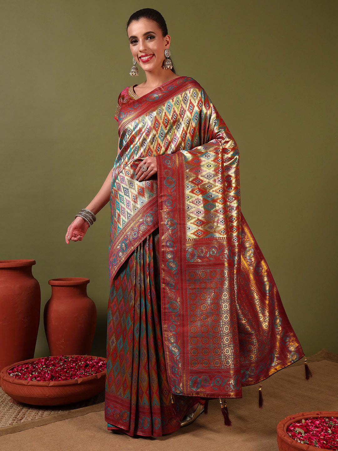 Traditional Brocade Handloom Mysore Silk Saree with Multicolor Meenakari Zari Weaving