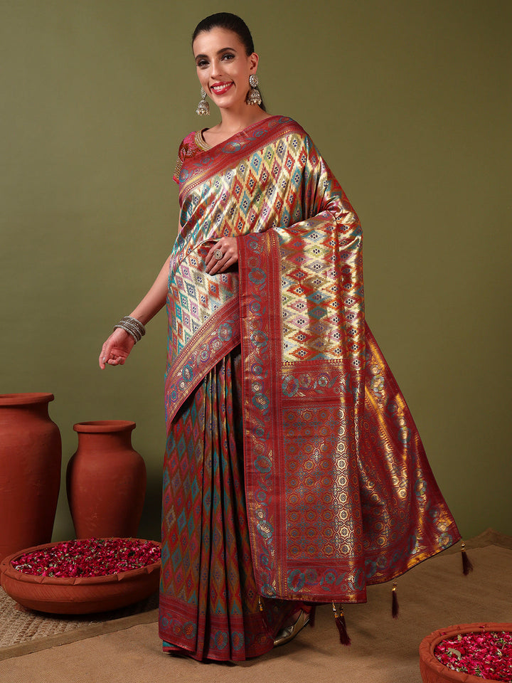 Traditional Brocade Handloom Mysore Silk Saree with Multicolor Meenakari Zari Weaving