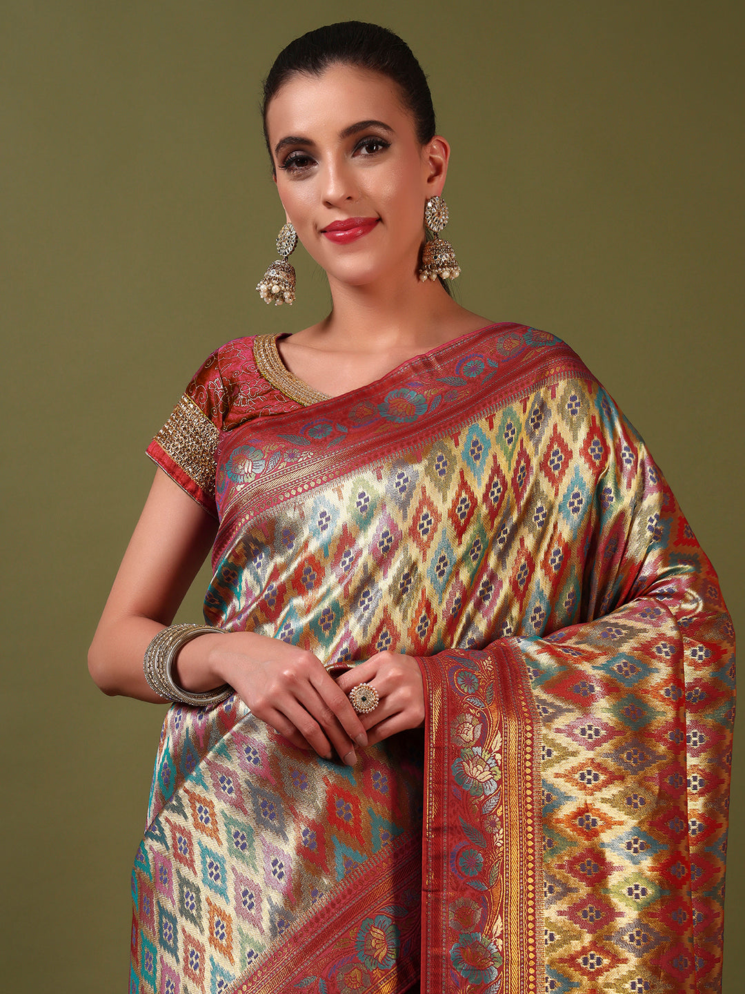 Traditional Brocade Handloom Mysore Silk Saree with Multicolor Meenakari Zari Weaving