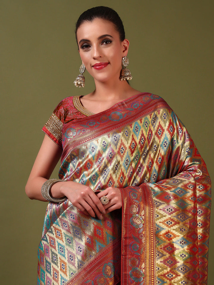 Traditional Brocade Handloom Mysore Silk Saree with Multicolor Meenakari Zari Weaving