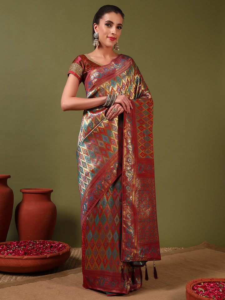 Traditional Brocade Handloom Mysore Silk Saree with Multicolor Meenakari Zari Weaving