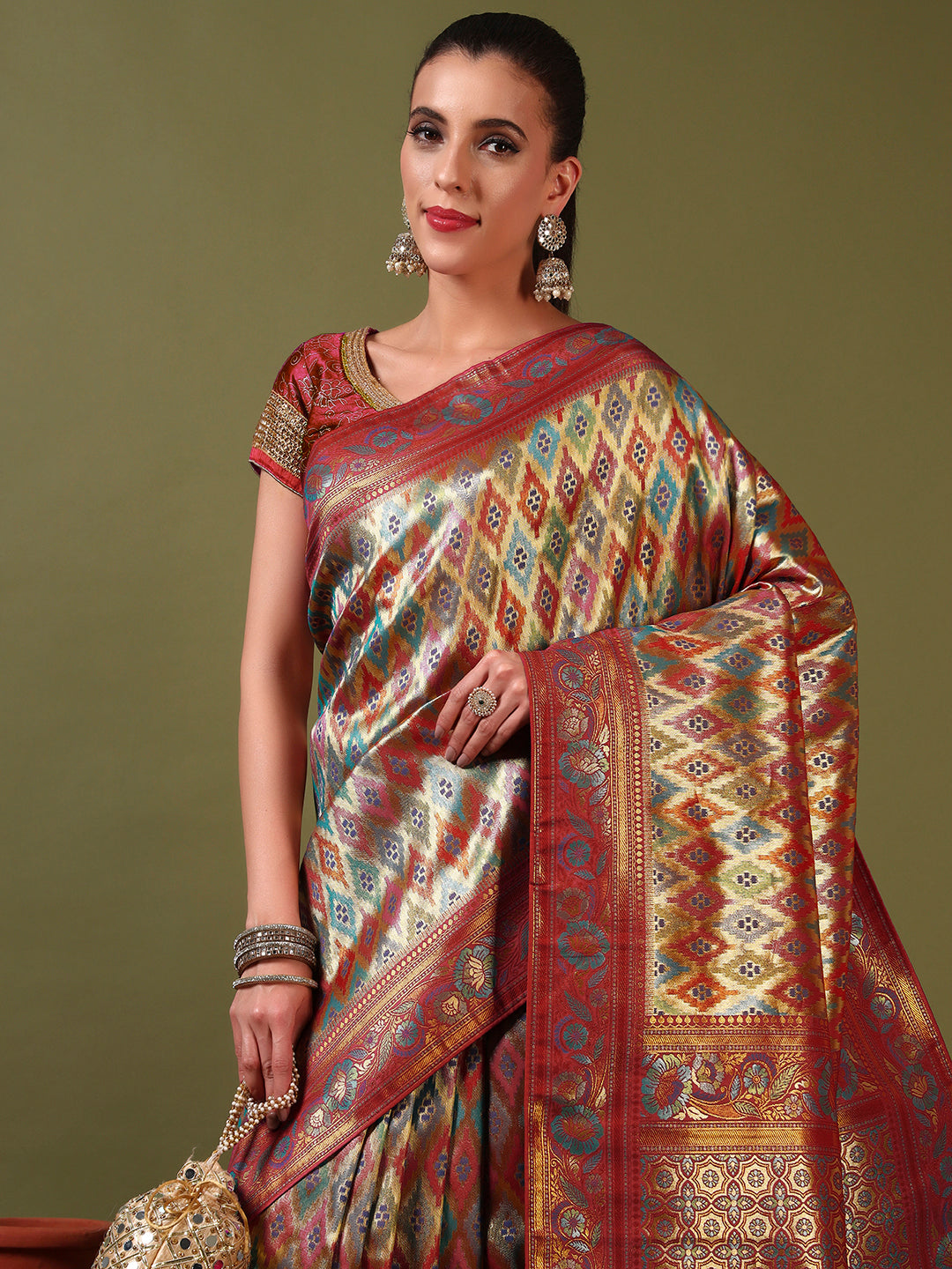 Traditional Brocade Handloom Mysore Silk Saree with Multicolor Meenakari Zari Weaving