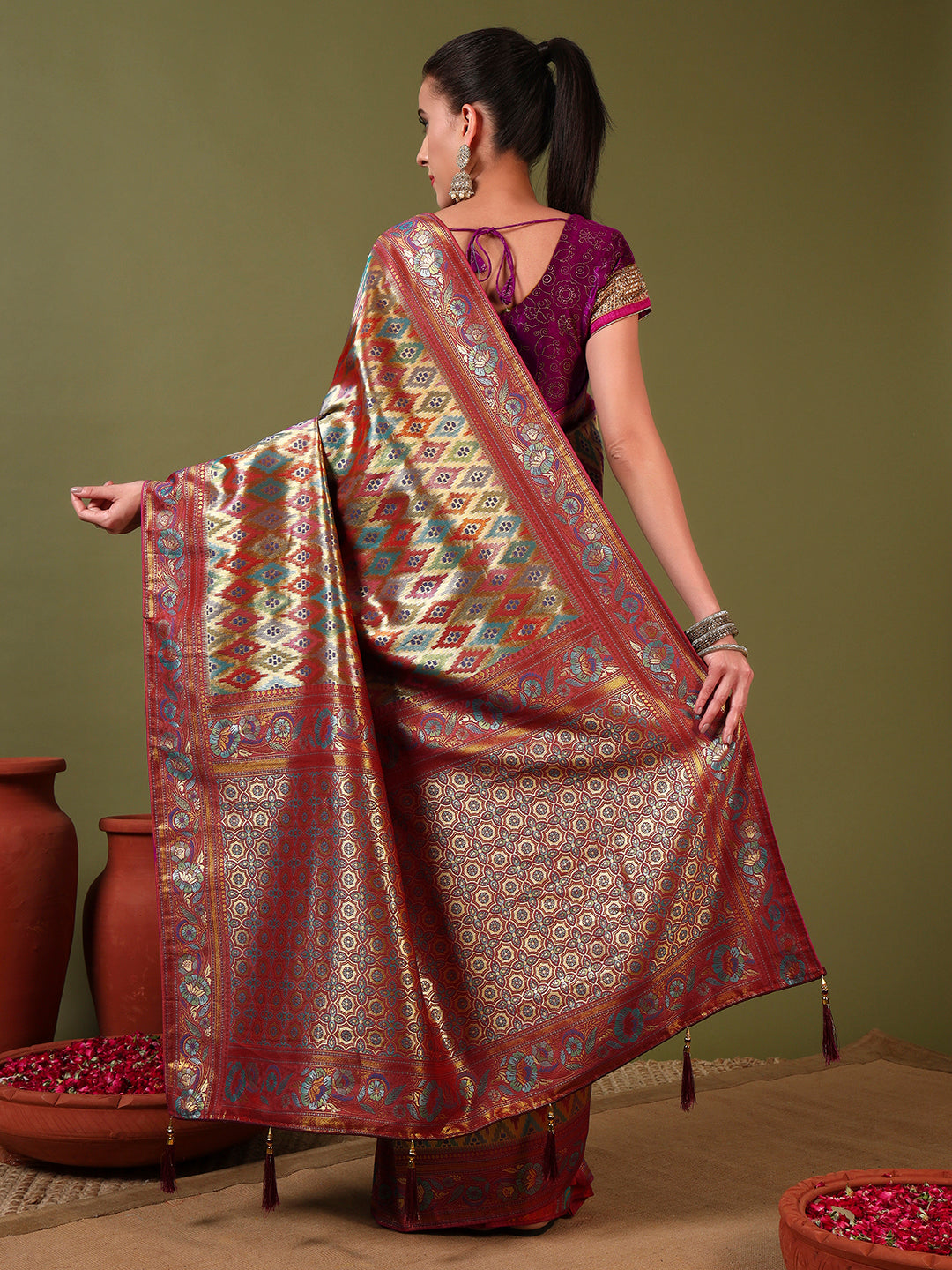 Traditional Brocade Handloom Mysore Silk Saree with Multicolor Meenakari Zari Weaving