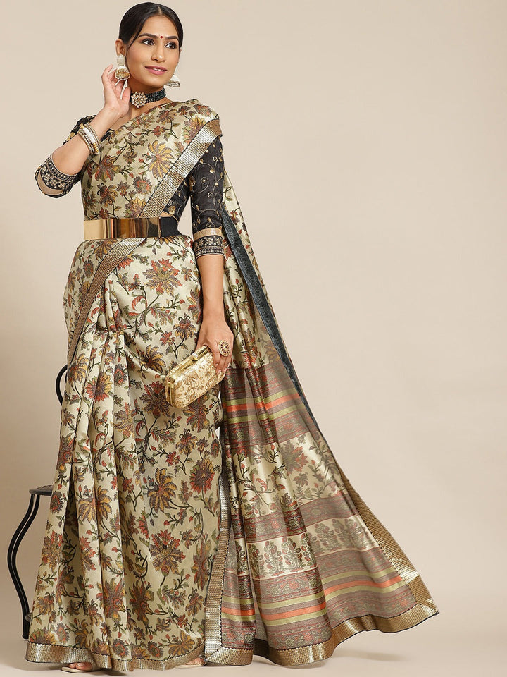 Mughal Floral Printed Bhagalpuri Silk Blend Saree & Oxidised Border