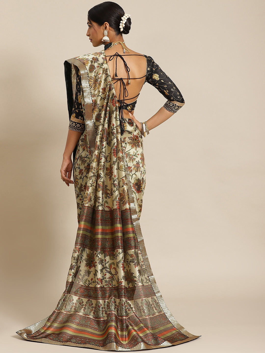 Mughal Floral Printed Bhagalpuri Silk Blend Saree & Oxidised Border
