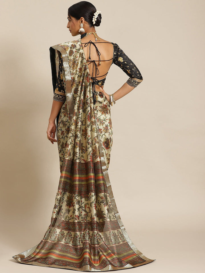 Mughal Floral Printed Bhagalpuri Silk Blend Saree & Oxidised Border