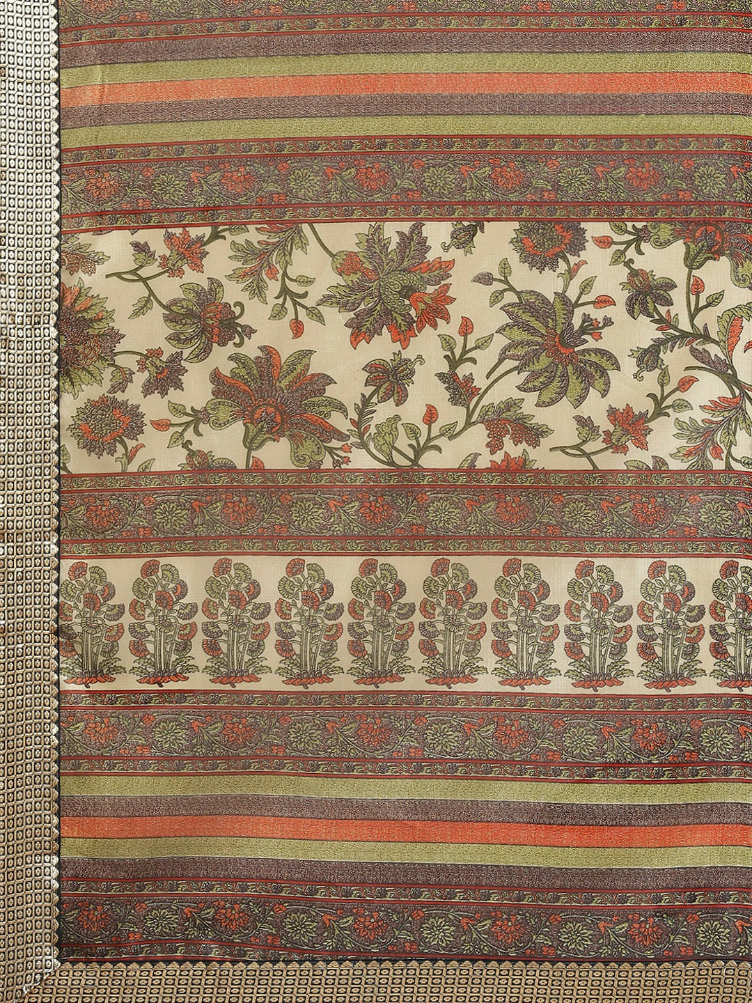 Mughal Floral Printed Bhagalpuri Silk Blend Saree & Oxidised Border