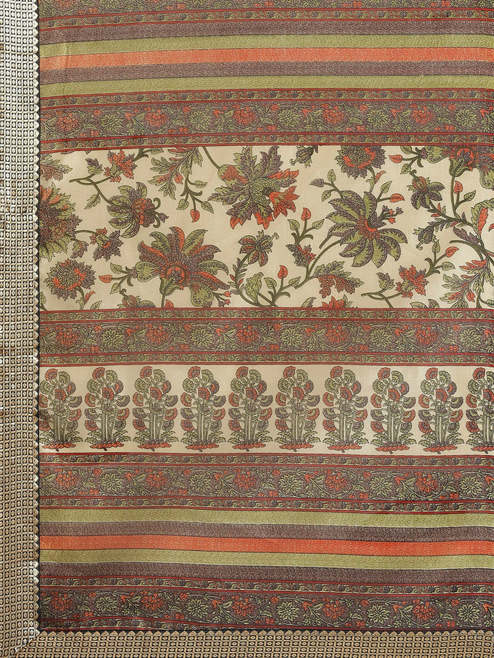 Mughal Floral Printed Bhagalpuri Silk Blend Saree & Oxidised Border