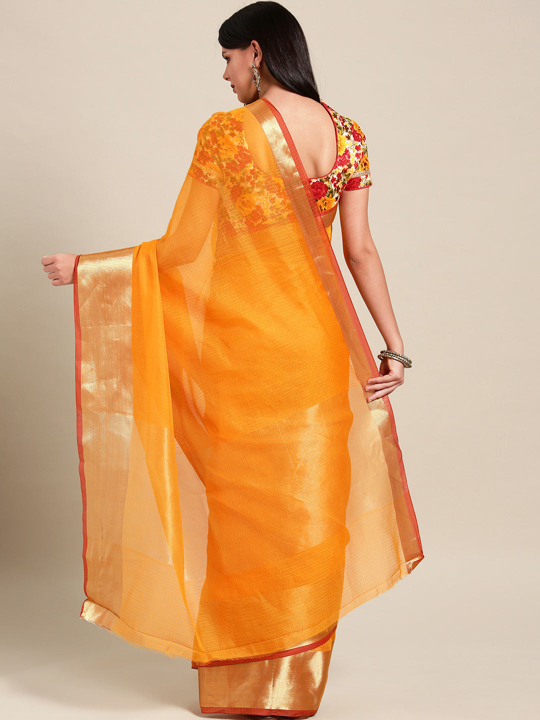 Yellow Chanderi Silk Kota saree with Broad Gold border