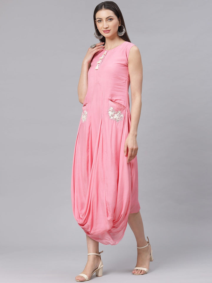 Made to Measure Pastel Anarkali Draped Dress with Embroidered Pockets & Tassels