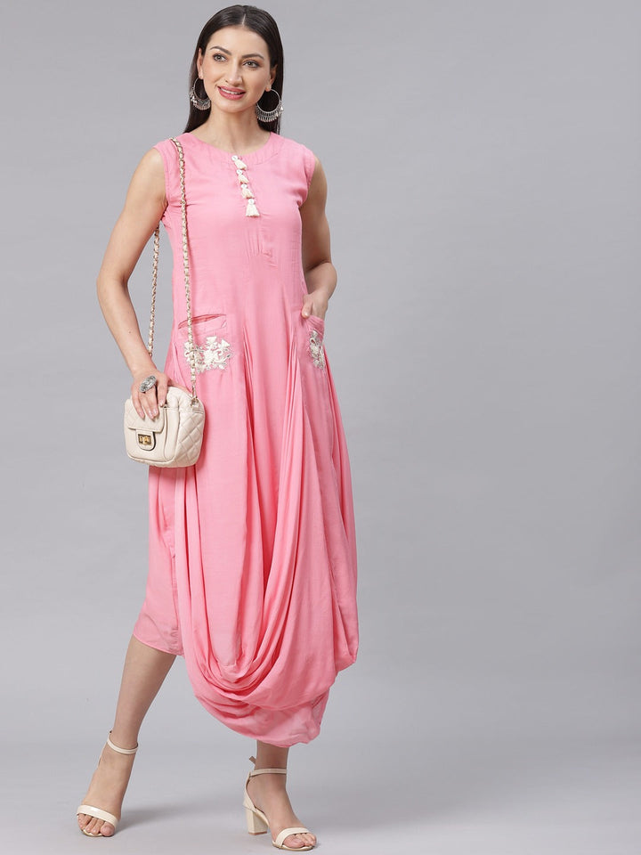 Made to Measure Pastel Anarkali Draped Dress with Embroidered Pockets & Tassels