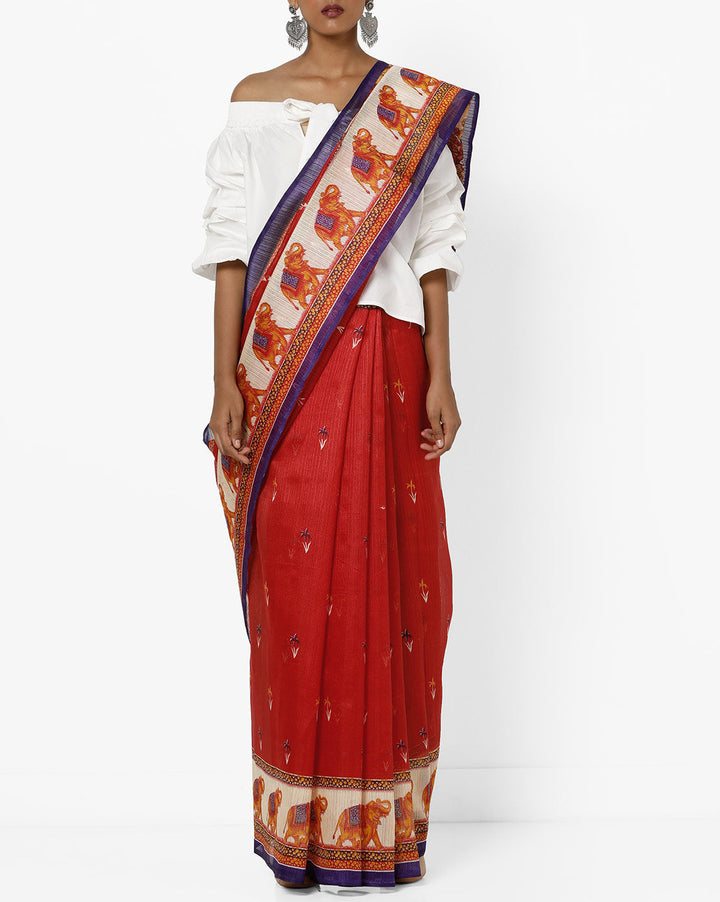 Red Colored Cotton Silk Printed Saree..