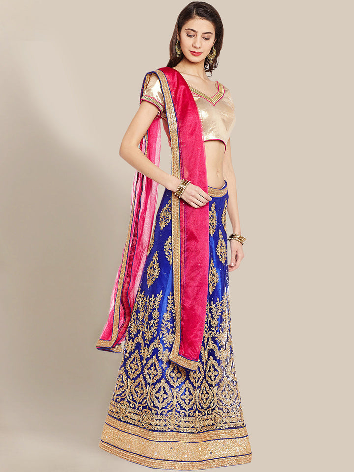 Blue & Pink Net Semi-Stitched Lehenga Choli with Zari Embroidery