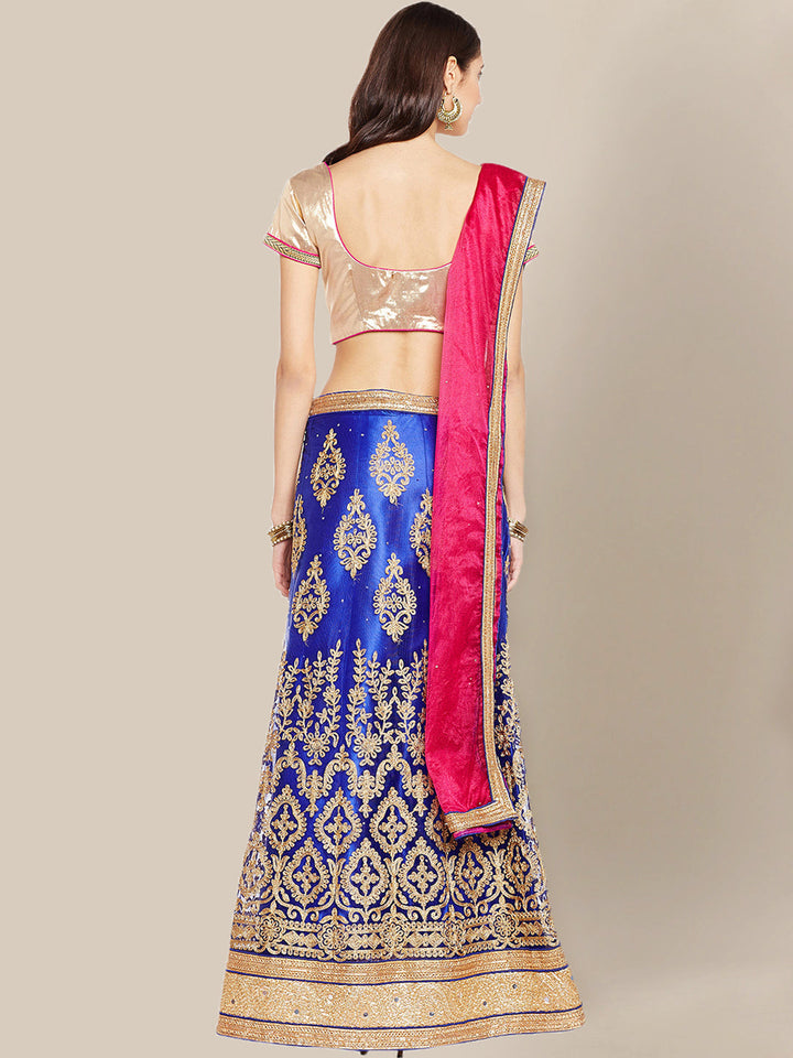 Blue & Pink Net Semi-Stitched Lehenga Choli with Zari Embroidery