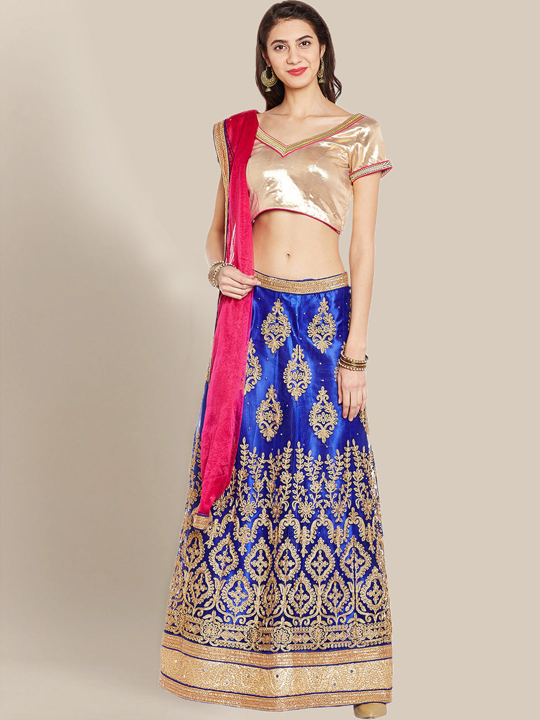 Blue & Pink Net Semi-Stitched Lehenga Choli with Zari Embroidery