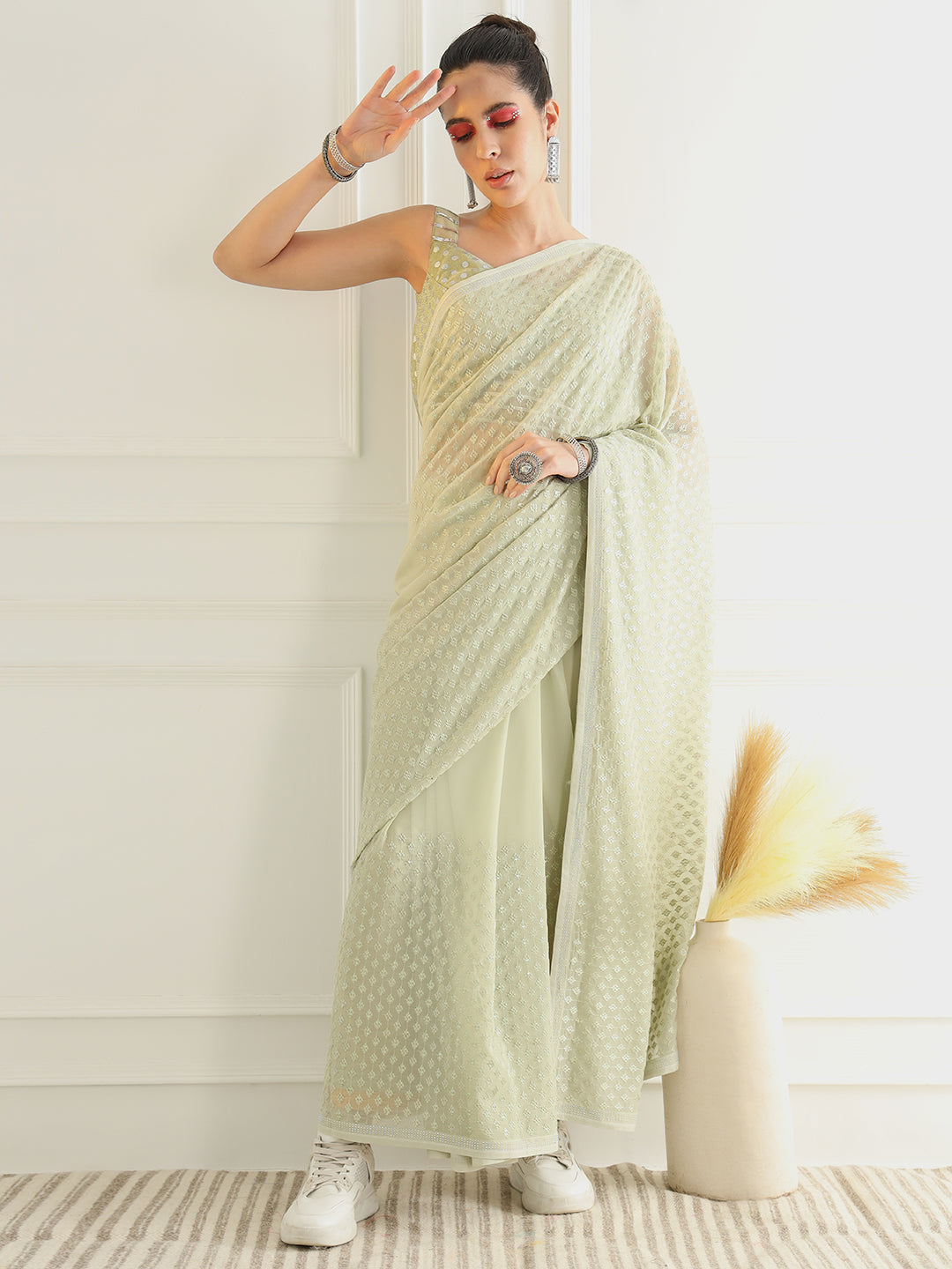 Pastel Green Montone Festive Georgette Saree