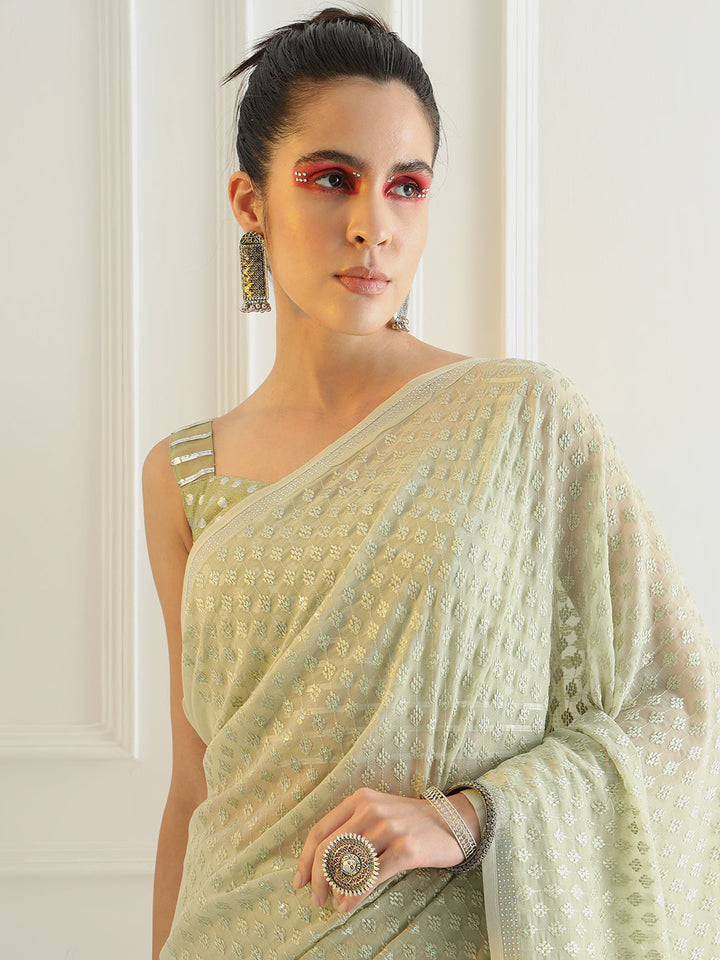 Pastel Green Montone Festive Georgette Saree
