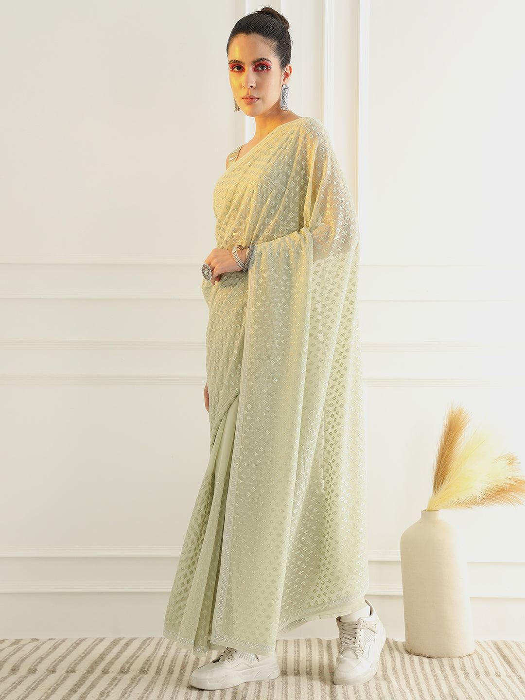 Pastel Green Montone Festive Georgette Saree