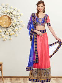 Coral Pink Semi Stitched Lehenga Choli With Gold Zari Embroidery & Embellished Dupatta