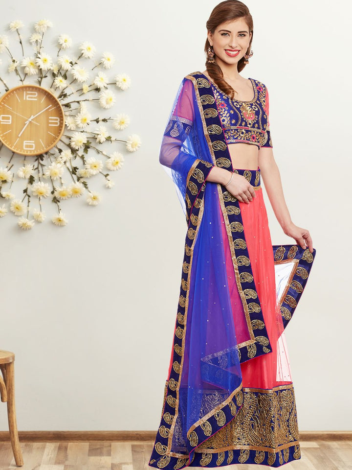 Coral Pink Semi Stitched Lehenga Choli With Gold Zari Embroidery & Embellished Dupatta
