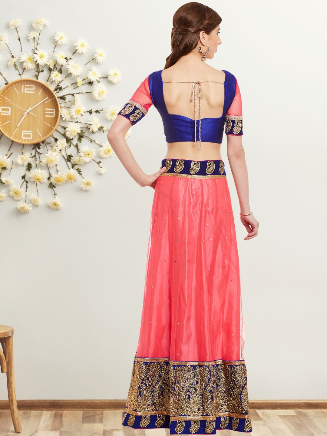 Coral Pink Semi Stitched Lehenga Choli With Gold Zari Embroidery & Embellished Dupatta