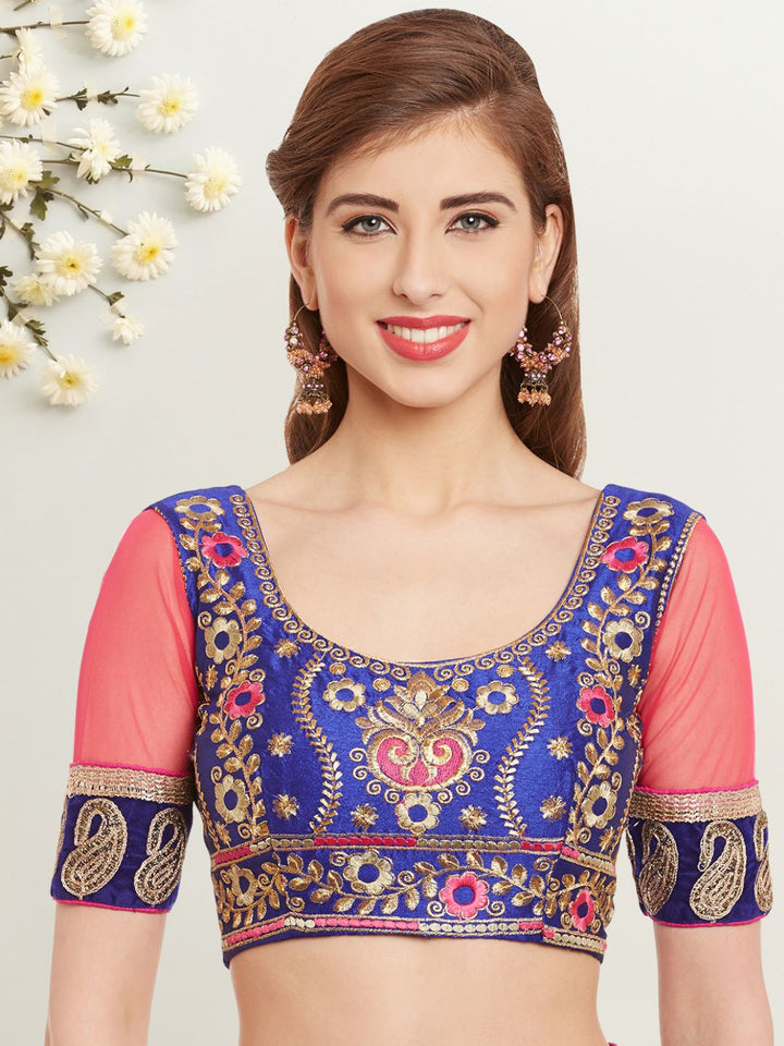 Coral Pink Semi Stitched Lehenga Choli With Gold Zari Embroidery & Embellished Dupatta