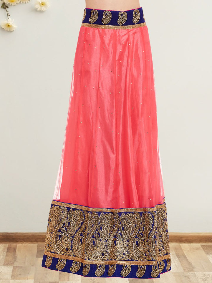 Coral Pink Semi Stitched Lehenga Choli With Gold Zari Embroidery & Embellished Dupatta