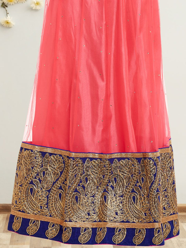 Coral Pink Semi Stitched Lehenga Choli With Gold Zari Embroidery & Embellished Dupatta