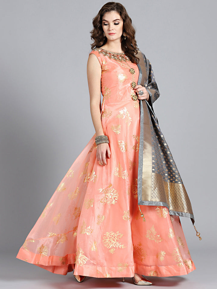 Textured Organza Anarkali with Banarasi Dupatta