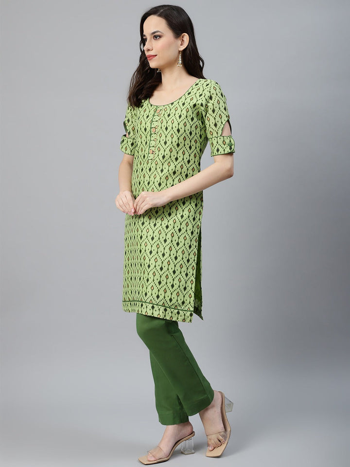 Ikat Inspired Cotton Stitched Kurta Pants Set With Chiffon Gotta Patti Dupatta