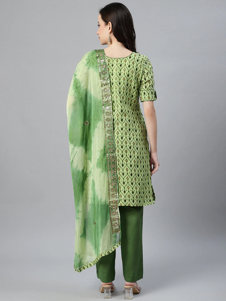 Ikat Inspired Cotton Stitched Kurta Pants Set With Chiffon Gotta Patti Dupatta