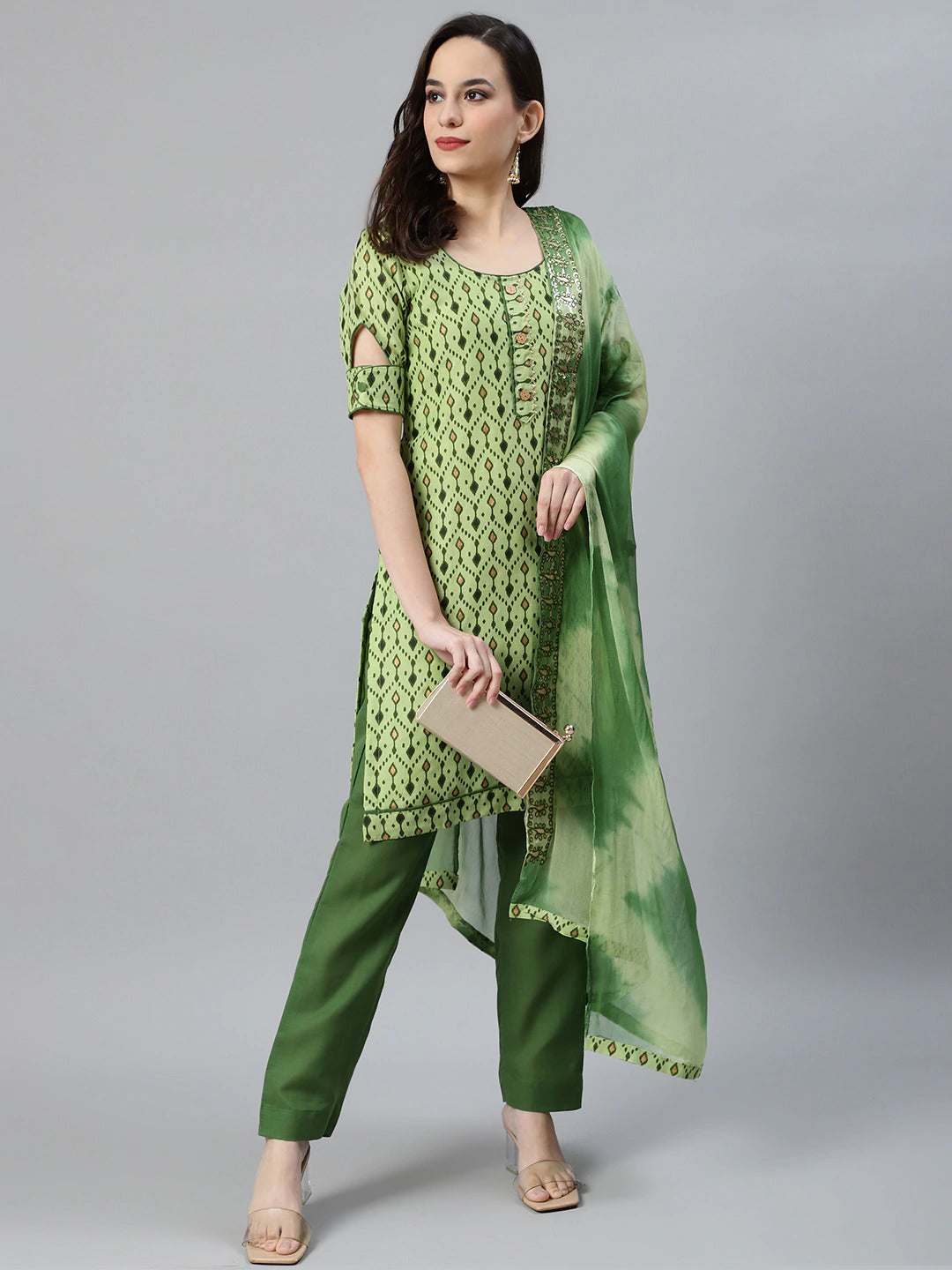 Ikat Inspired Cotton Stitched Kurta Pants Set With Chiffon Gotta Patti Dupatta